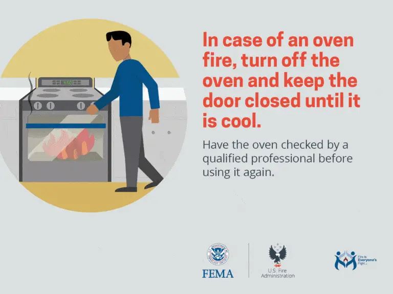 An illustrated safety reminder showing a person looking at an oven fire, with the advice, "in case of an oven fire, turn off the oven and keep the door closed until it is cool. have the oven checked by a qualified professional before using it again." the image includes logos for fema, the us fire administration, and fire is everyone's fight.