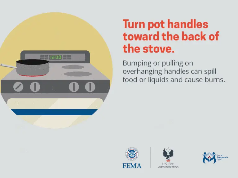 Safety reminder: "turn pot handles toward the back of the stove to prevent bumping and spills that can lead to burns.